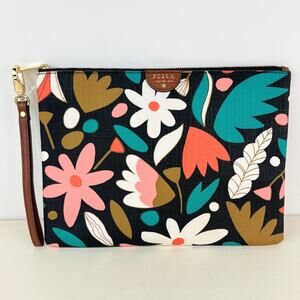 Fossil Pouch Sydney Floral Clutch w Leather Trim Zip Closure